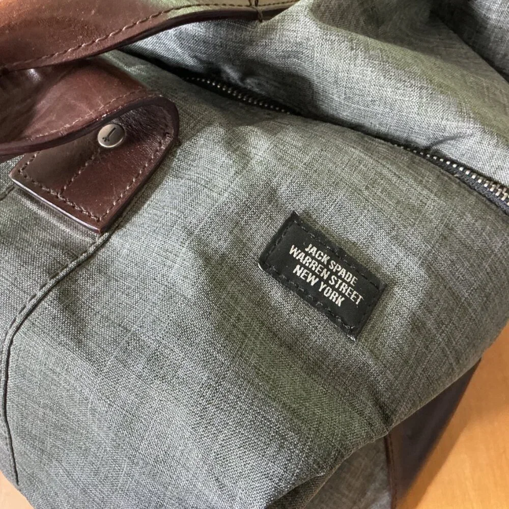 Jack Spade Tech Oxford Wing Gray Nylon Brown Leather Overnight Travel Duffel Bag